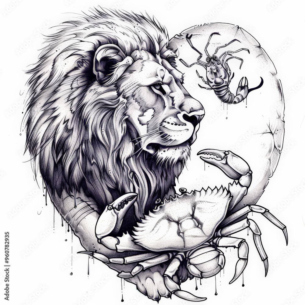 Obraz premium lion, crab, heart, vector, animal, head, lion, tattoo, cat, face, illustration, wild, art, logo, design, black, tribal, mammal, silhouette, predator, feline, symbol, power, drawing, mascot, wildlife, 