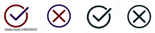 Check and cross mark icons. Crimson and navy + black colors
