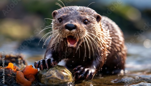 Playful otter with an open mouth and wet fur sits on a rock in a river, surrounded by water and orange leaves. The otter's expressive face and dynamic pose capture the liveliness and curiosity of this