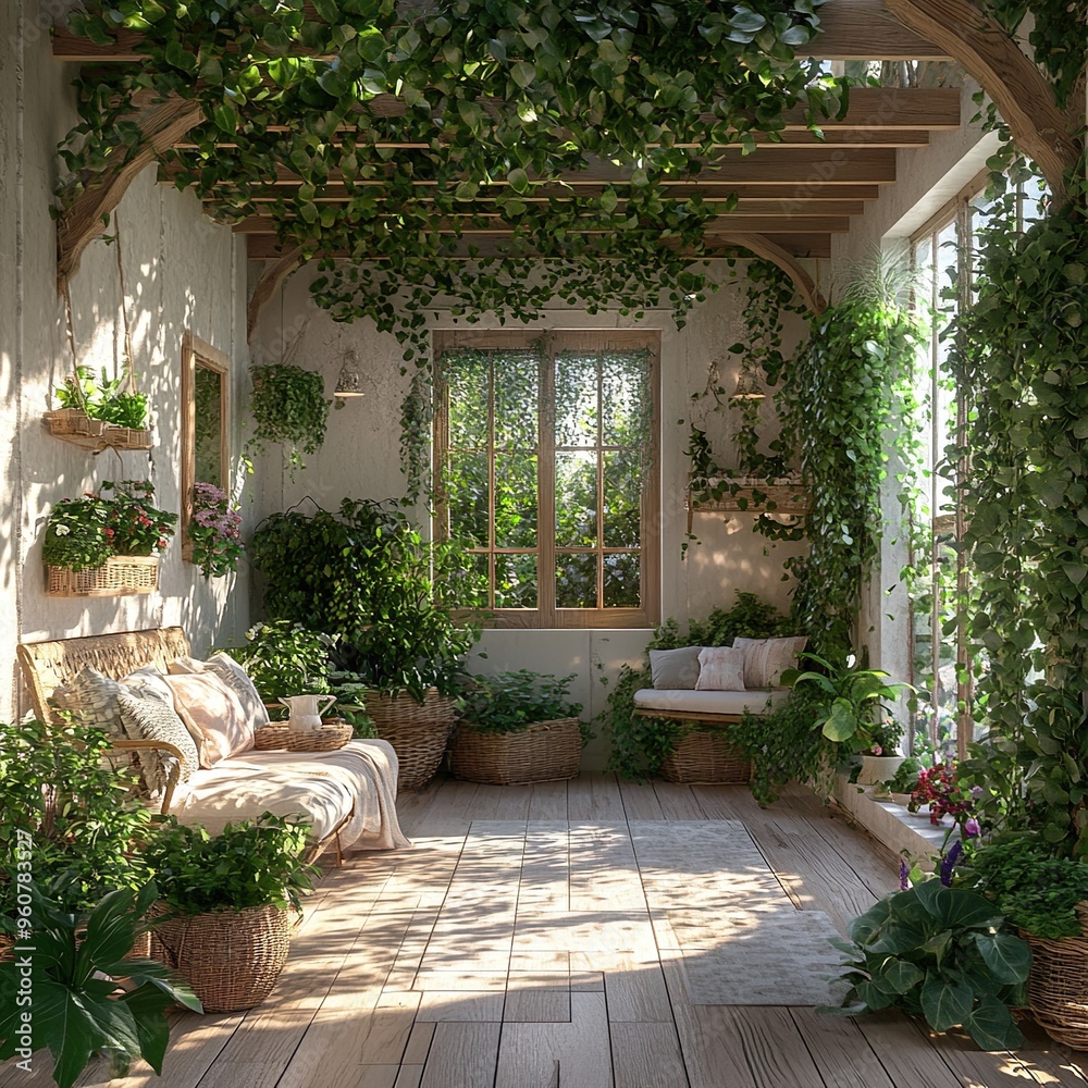 Naklejka premium Cozy vintage style living room in a botanical plant-filled house picture