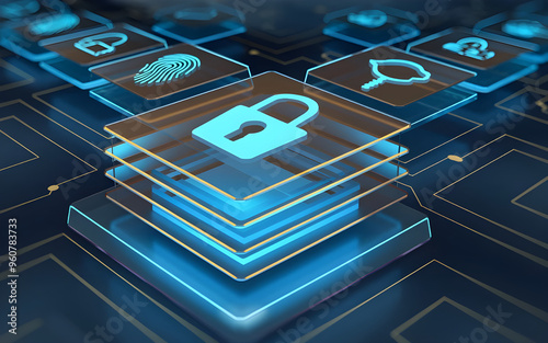 Layered Protection Representation: Bright Blue and Green Security Shields in 3D