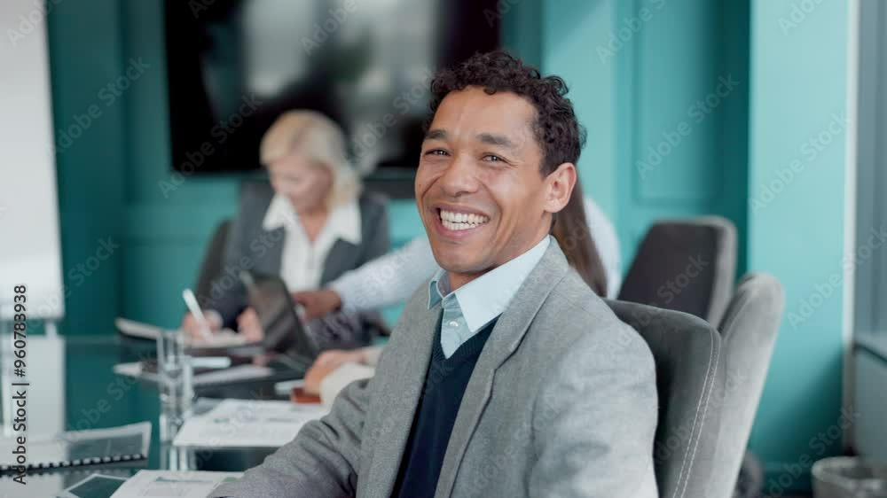 Meeting, office and face of business man in discussion for planning, teamwork and collaboration. Corporate, company and portrait of happy worker with staff for feedback, employee review and talking