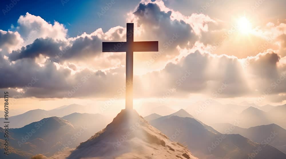 Jesus cross symbol on infinite sky background Sky with clouds and sun rays background with Christian cross in the middle Christian religion Cross on sky background 4k animation