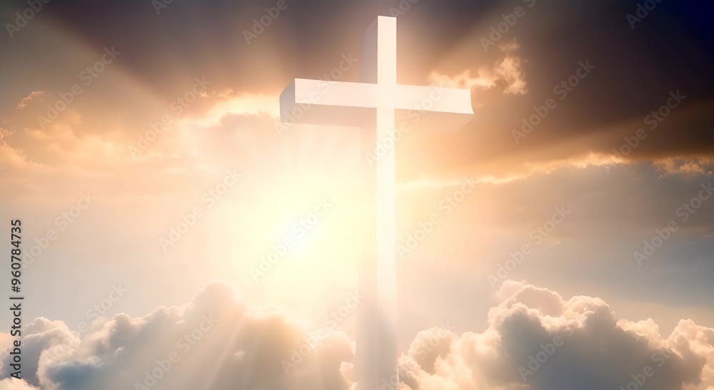 Jesus cross symbol on infinite sky background Sky with clouds and sun rays background with Christian cross in the middle Christian religion Cross on sky background 4k animation Jesus cross symbol on infinite sky background Sky with clouds and sun rays background with Christian cross in the middle Christian religion Cross on sky background 4k animation