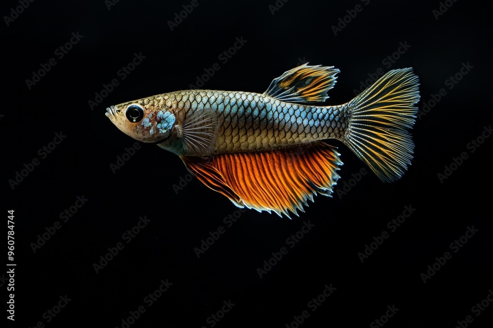 the beside view Glass Guppy Fish, left side view, white copy space on right, Isolated on dark Background the beside view Glass Guppy Fish, left side view, white copy space on right, Isolated on dark Background