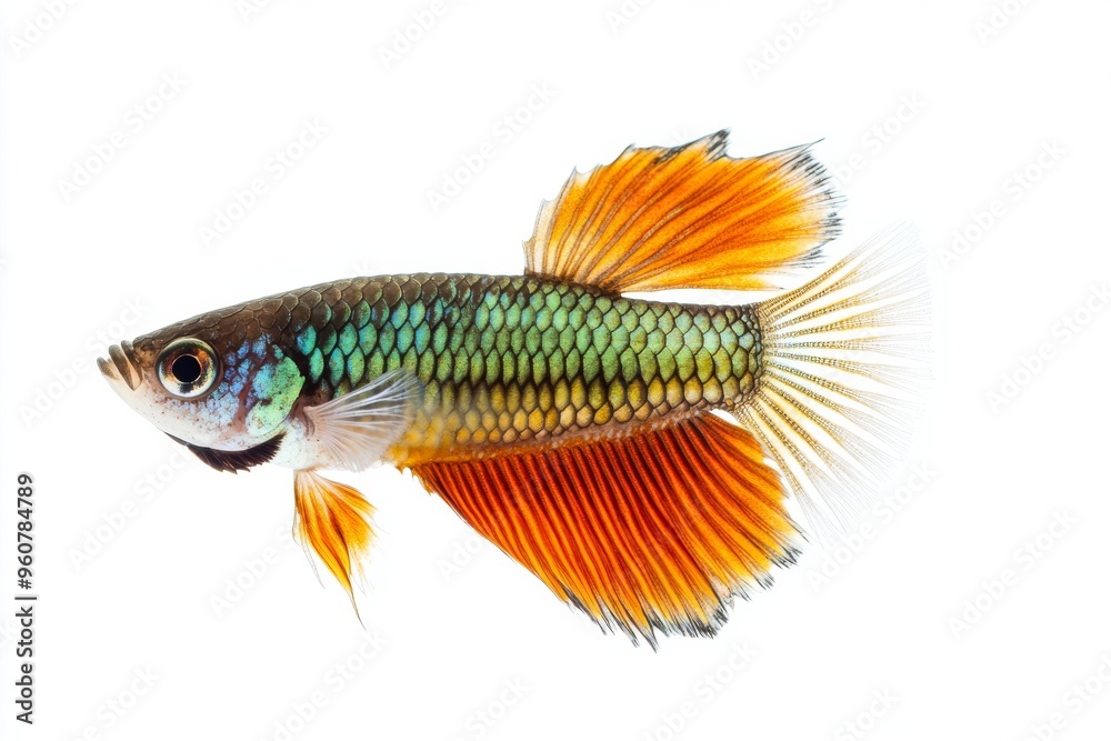the beside view Metal Guppy Fish, left side view, white copy space on right, Isolated on White Background the beside view Metal Guppy Fish, left side view, white copy space on right, Isolated on White Background