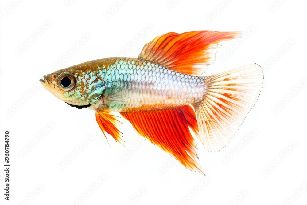 the beside view Metal Guppy Fish, left side view, white copy space on right, Isolated on White Background the beside view Metal Guppy Fish, left side view, white copy space on right, Isolated on White Background