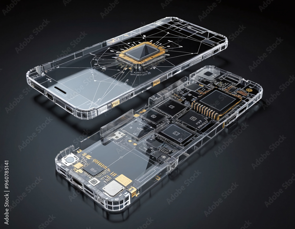 Illustrative fictional representation of a transparent cell phone shows the technology, circuit paths and microprocessors inside Illustrative fictional representation of a transparent cell phone shows the technology, circuit paths and microprocessors inside