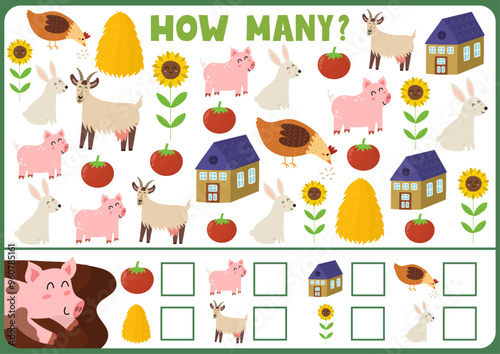 How many activity page for kids with cute farm animals. Count the number of pig, goat, rabbit, hay and more. Puzzle game for school and preschool. Vector illustration