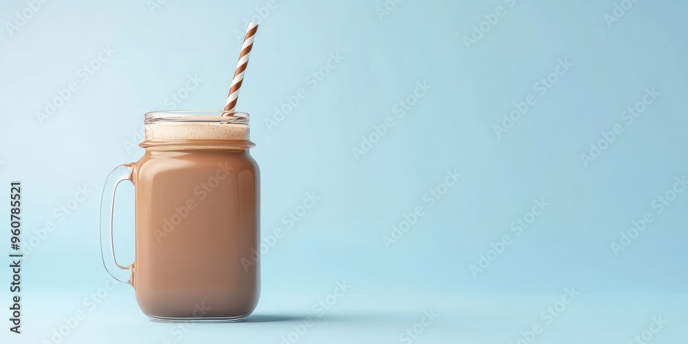 A 3D single icon of a cold chocolate milk in a mason jar with a striped straw, rendered with a simple and nostalgic look A 3D single icon of a cold chocolate milk in a mason jar with a striped straw, rendered with a simple and nostalgic look