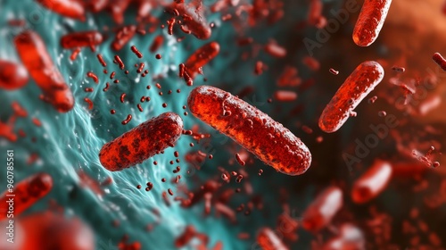 Artistic interpretation of Haemophilus influenzae bacteria in the bloodstream, with abstract forms representing the spread of infection 