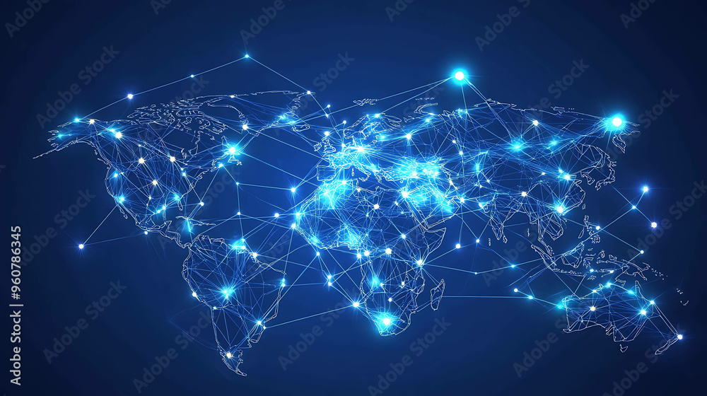 A glowing world map with lines connecting the continents. A glowing world map with lines connecting the continents.