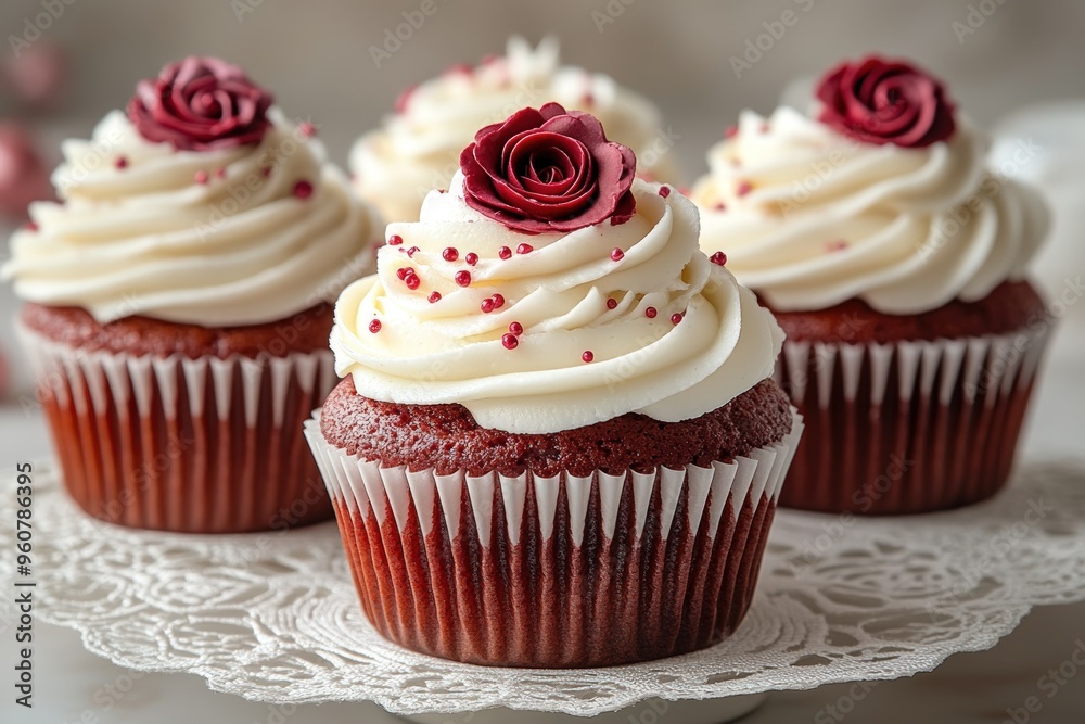 Three red velvet cupcakes with white frosting and red rose decorations on a white doily. Three red velvet cupcakes with white frosting and red rose decorations on a white doily.