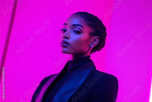 Woman in Classic Black Tuxedo with Solid Neon Purple Highlights, Featured in a Chic Lifestyle Portrait