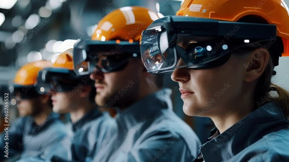 Engineers in a factory use ar headsets for efficient work, blending tech and expertise for future progress Engineers in a factory use ar headsets for efficient work, blending tech and expertise for future progress