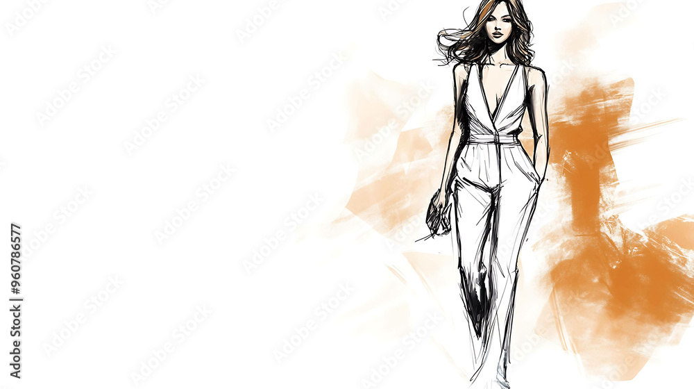 Fashion illustration of a woman in a white jumpsuit. Fashion illustration of a woman in a white jumpsuit.