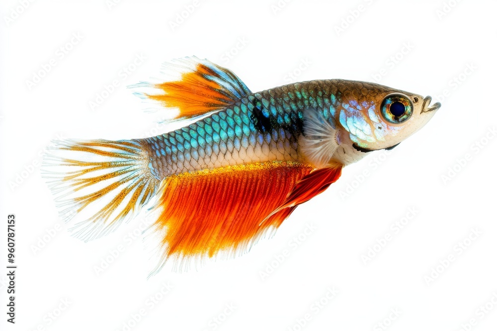 the beside view Roundtail Guppy Fish, left side view, white copy space on right, Isolated on White Background the beside view Roundtail Guppy Fish, left side view, white copy space on right, Isolated on White Background
