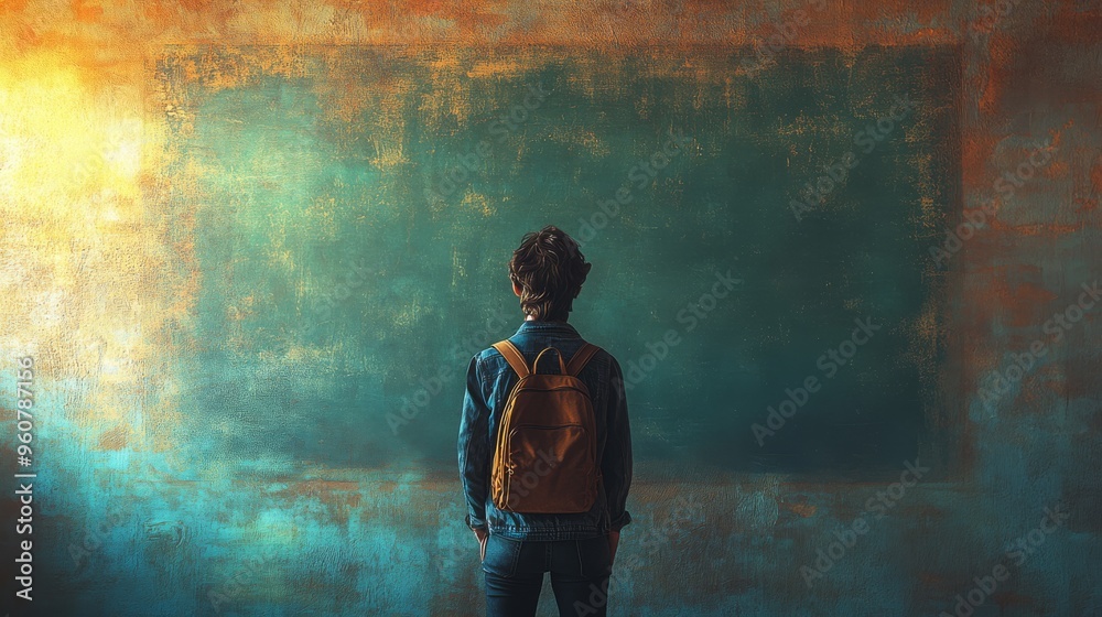 Obraz premium Minimalist depiction of a teacher in education with a serene expression professional portrait against a softly faded background in a school setting with ample copy space for text academic learning env