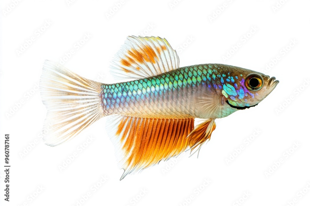 the beside view Roundtail Guppy Fish, left side view, white copy space on right, Isolated on White Background the beside view Roundtail Guppy Fish, left side view, white copy space on right, Isolated on White Background