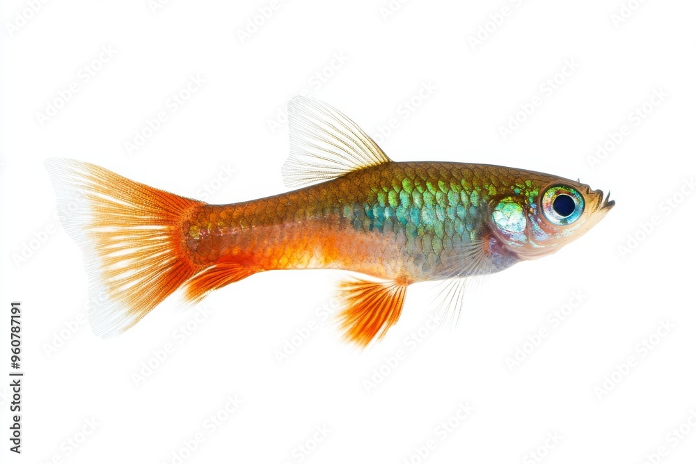 the beside view Swordtail Guppy Fish, left side view, white copy space on right, Isolated on White Background the beside view Swordtail Guppy Fish, left side view, white copy space on right, Isolated on White Background