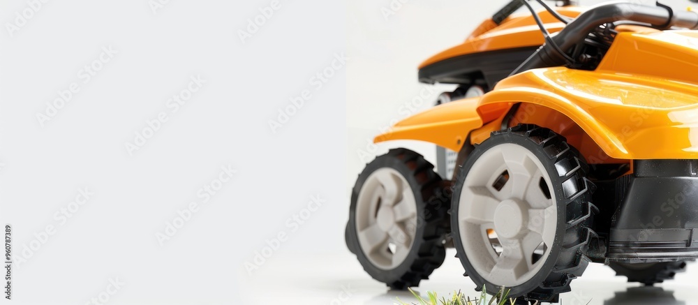 Lawn mower close up. Lawn mower standing on white background Lawn mower close up. Lawn mower standing on white background