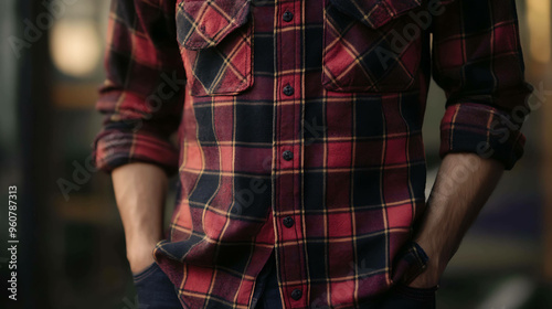 Closeup of a man wearing a red and black plaid flannel shirt.