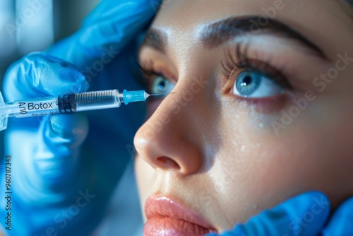 Close-up of a woman receiving botox injection near the eye.