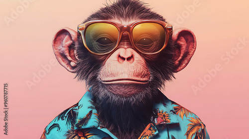 A cool chimpanzee wearing sunglasses and a tropical shirt.