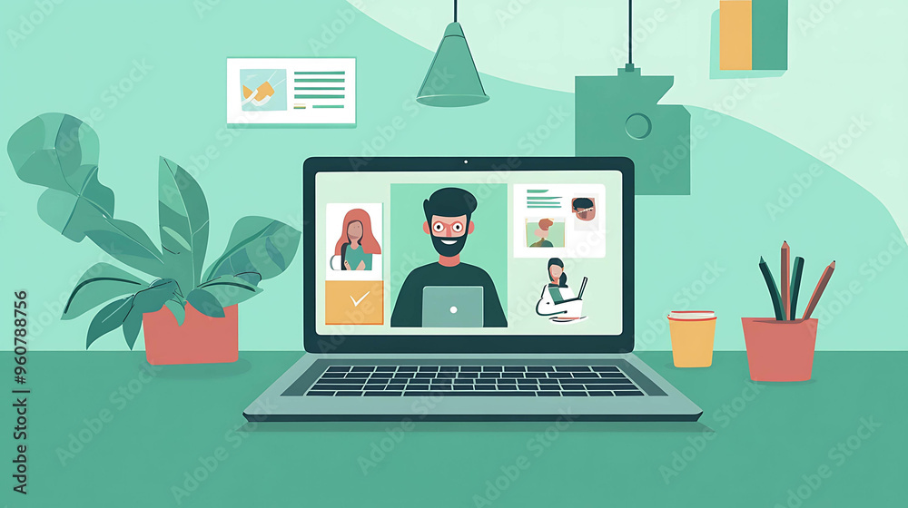 Laptop on a desk with a video call, people in squares. Laptop on a desk with a video call, people in squares.
