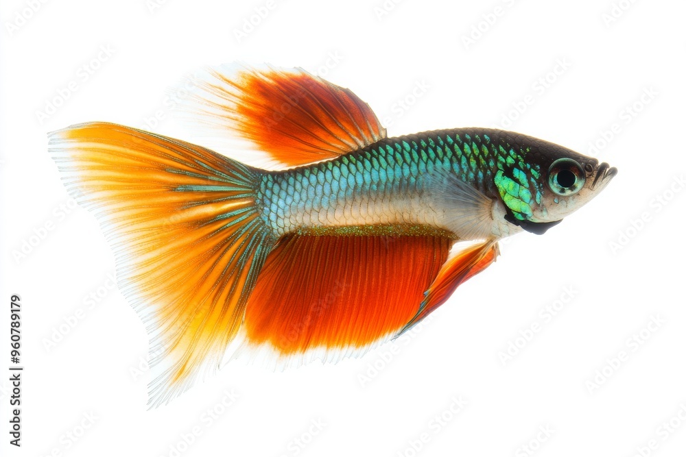 Fototapeta premium Mystic portrait of Delta Tail Guppy Fish in studio, copy space on right side, Close-up View, isolated on white background