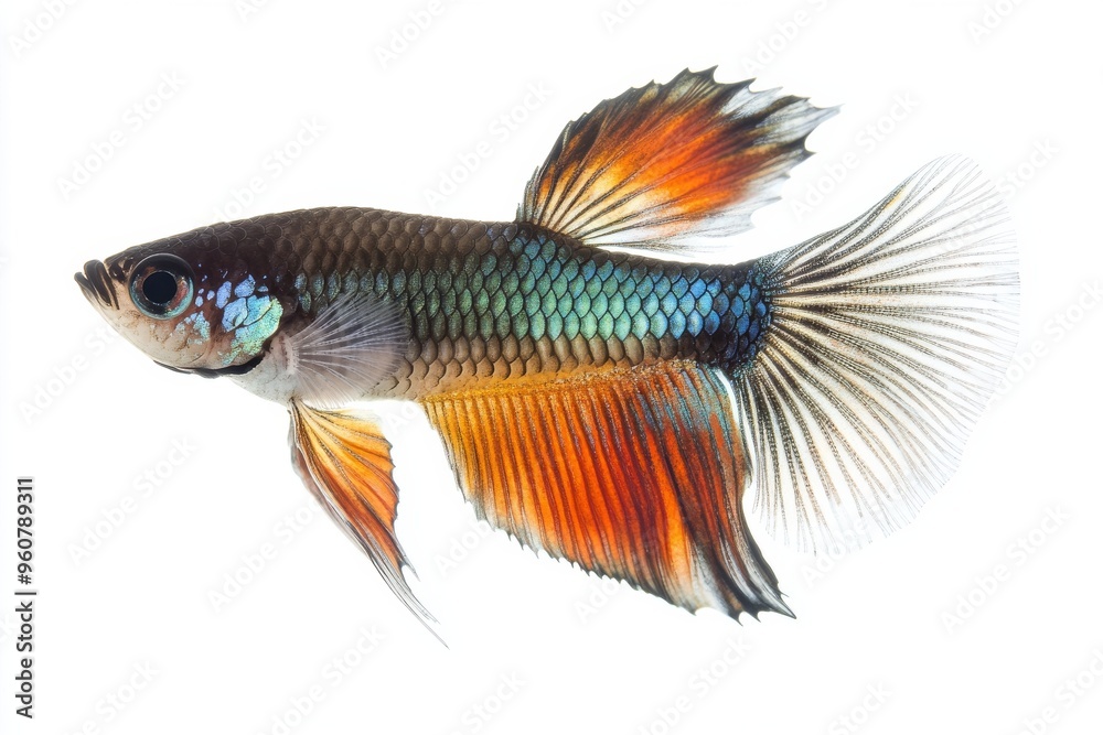 Fototapeta premium the beside view Fantail Guppy Fish, left side view, white copy space on right, Isolated on White Background