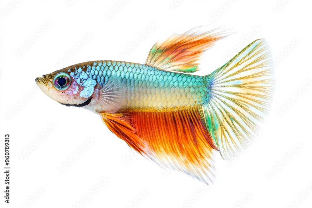 the beside view Fantail Guppy Fish, left side view, white copy space on right, Isolated on White Background the beside view Fantail Guppy Fish, left side view, white copy space on right, Isolated on White Background