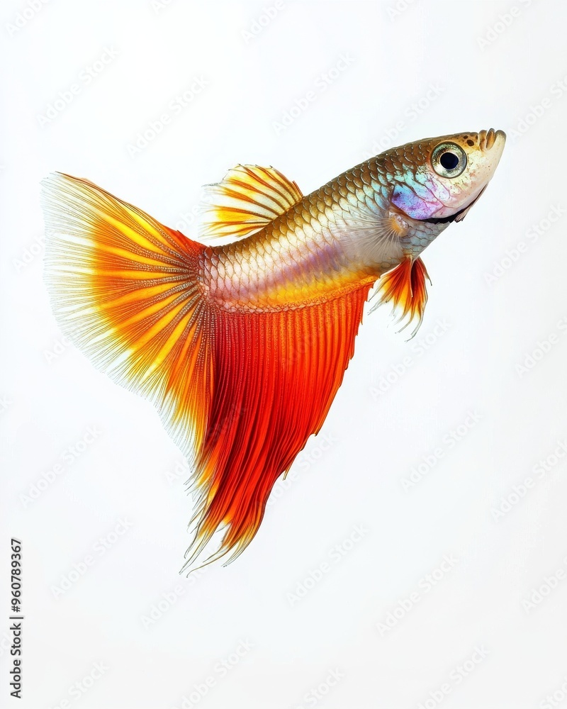 the Delta Tail Guppy fish, portrait view, white copy space on right, Isolated on white Background
