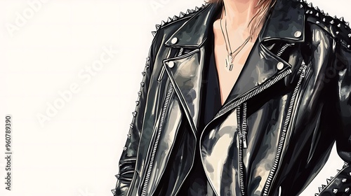 Close up of a black leather jacket with silver studs. photo