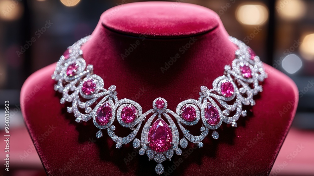 Obraz premium A stunning pink sapphire and diamond necklace displayed on a red velvet mannequin.