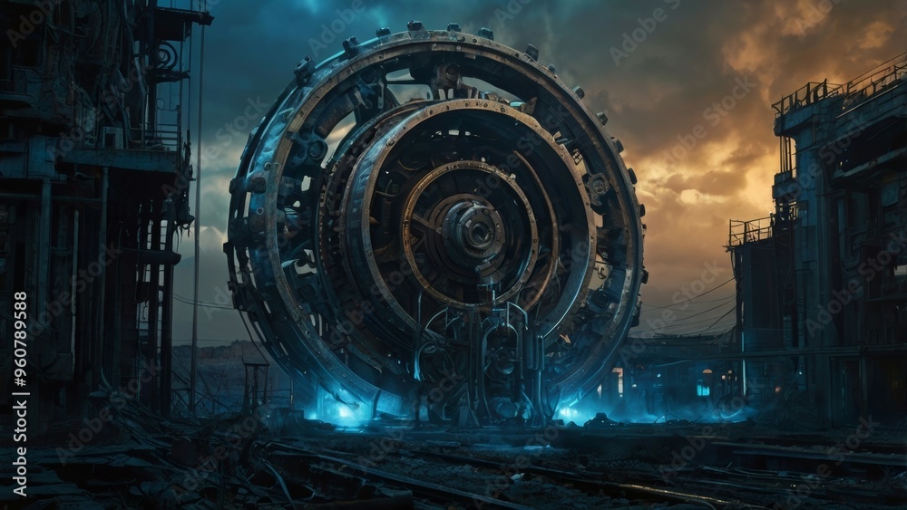 A large, circular machine sits in an industrial setting, glowing with blue light. A large, circular machine sits in an industrial setting, glowing with blue light.
