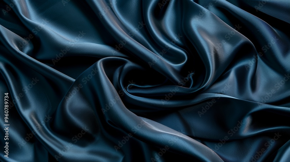 Deep blue satin fabric gently draped with soft folds, capturing light beautifully in a cozy indoor setting Deep blue satin fabric gently draped with soft folds, capturing light beautifully in a cozy indoor setting
