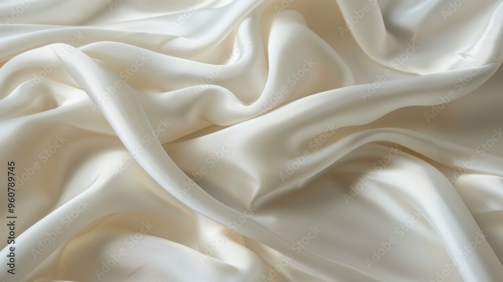 Soft cream satin fabric draped elegantly, showcasing smooth textures and gentle waves under warm lighting Soft cream satin fabric draped elegantly, showcasing smooth textures and gentle waves under warm lighting