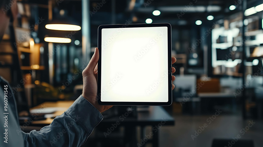 Close up of a hand holding a tablet with a blank white screen. The background is an office with blurred furniture and decor. Close up of a hand holding a tablet with a blank white screen. The background is an office with blurred furniture and decor.