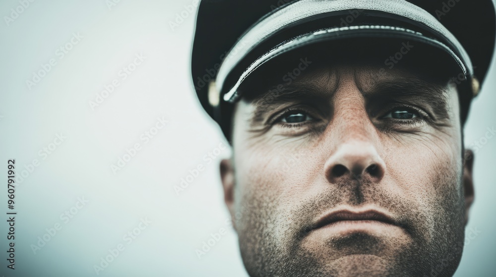 Minimalist depiction of a pilot in aviation with a serene expression professional portrait against a softly faded background in an airplane or cockpit setting with ample copy space for text travel and Minimalist depiction of a pilot in aviation with a serene expression professional portrait against a softly faded background in an airplane or cockpit setting with ample copy space for text travel and