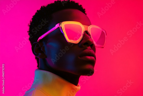 Men in Holographic Sunglasses with Neon Pink Accents, Captured in a Modern Lifestyle Portrait