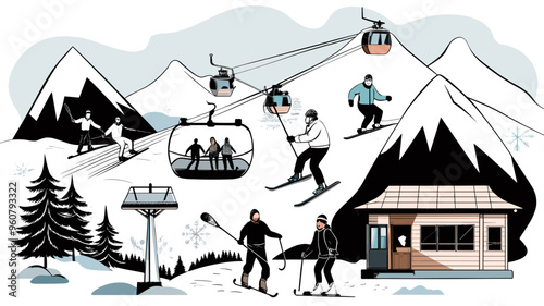 Winter sports illustration of skiers and gondola lifts on snowy mountains
