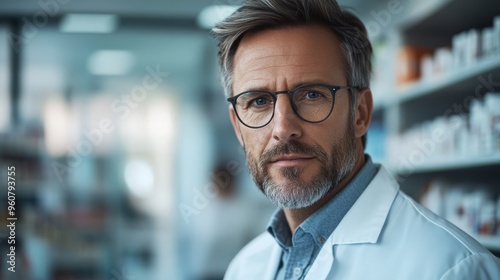 Minimalist depiction of a pharmacist in healthcare with a serene expression professional portrait against a softly faded background in a pharmacy or drugstore setting with ample copy space for text me