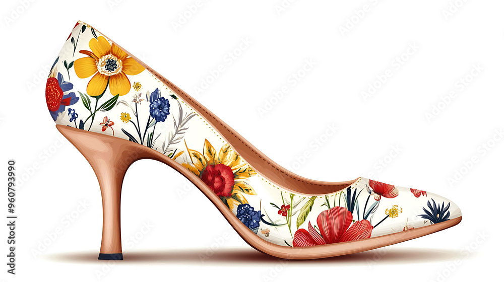 Obraz premium Floral high heel shoe with white background.