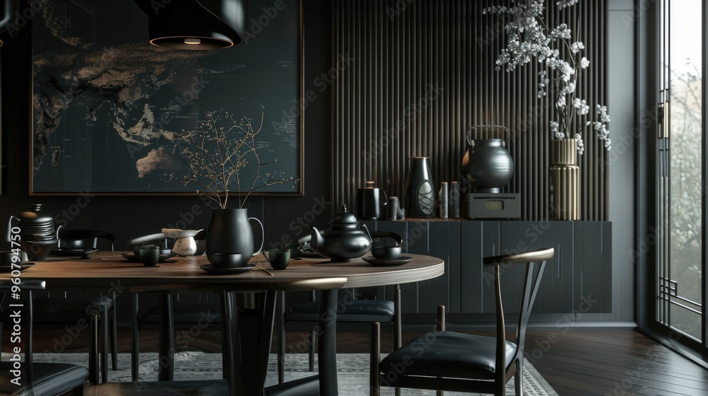 Contemporary Elegance: Modern Black Dining Room with Design Wooden Table and Stylish Accessories Contemporary Elegance: Modern Black Dining Room with Design Wooden Table and Stylish Accessories