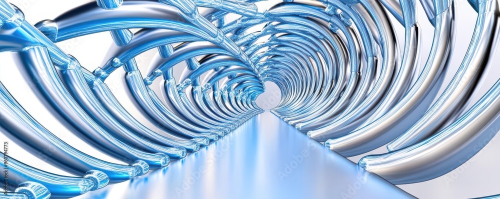 DNA strands assembling in a spiral pattern, Scientific, Silver and blue, 3D rendering, clean lines and reflective surfaces DNA strands assembling in a spiral pattern, Scientific, Silver and blue, 3D rendering, clean lines and reflective surfaces