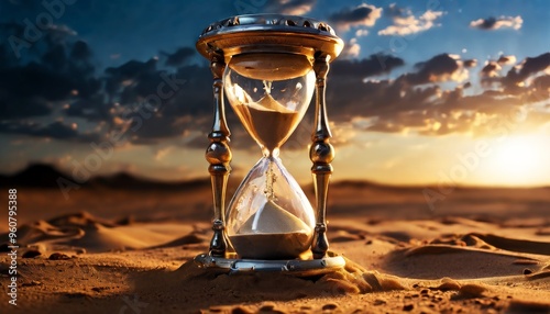 An hourglass stands in a vast desert at sunset, with sand slipping through its narrow waist. This image symbolizes the passage of time and the beauty of fleeting moments, set against a breathtaking photo