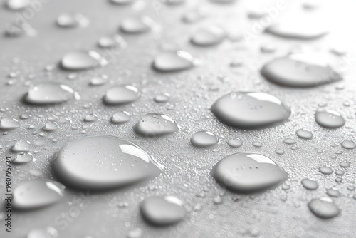 Close-up of water droplets on a smooth, white surface, capturing the glistening reflection and spherical shape of the droplets.