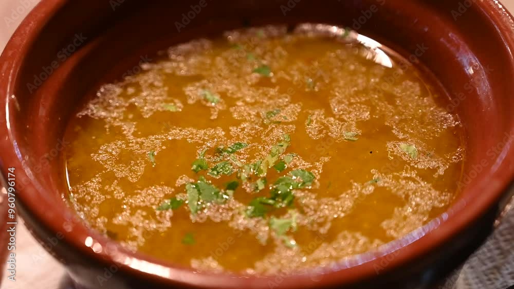Soup served in a bowl in a restaurant. Soup with noodles and veal. Soup served in a bowl in a restaurant. Soup with noodles and veal.
