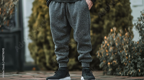 A man wearing grey sweatpants standing outside in front of a bush. photo